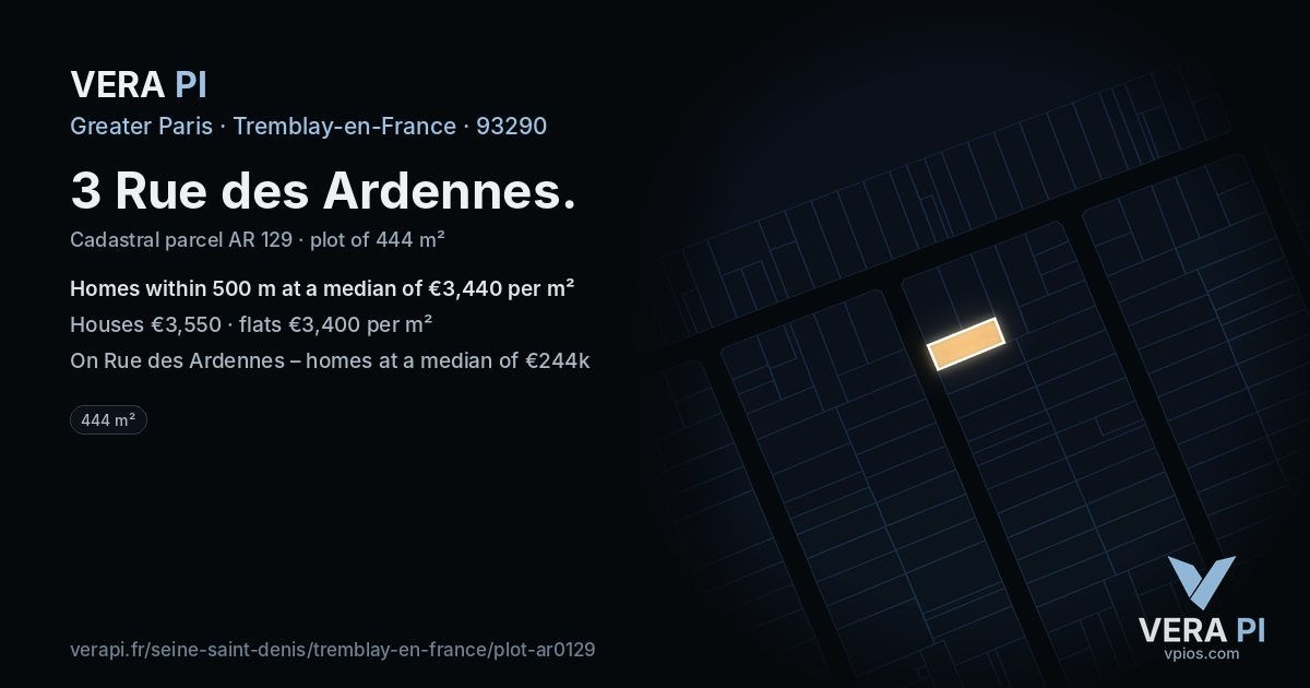 3 Rue des Ardennes, Tremblay-en-France at night – the plot lit, the parcels around coloured by the prices near them