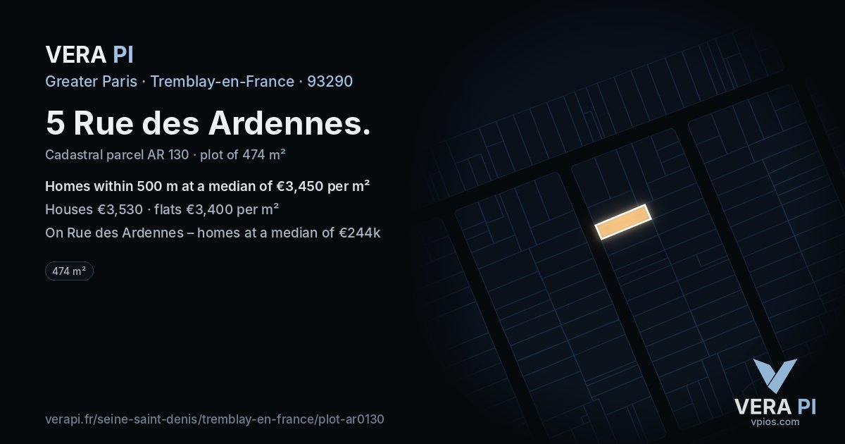 5 Rue des Ardennes, Tremblay-en-France at night – the plot lit, the parcels around coloured by the prices near them
