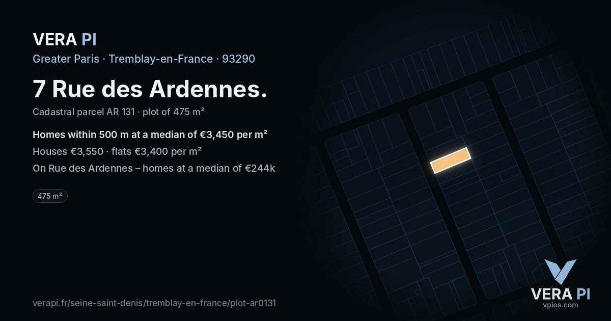 7 Rue des Ardennes, Tremblay-en-France at night – the plot lit, the parcels around coloured by the prices near them