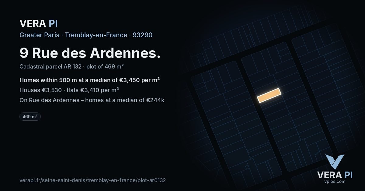 9 Rue des Ardennes, Tremblay-en-France at night – the plot lit, the parcels around coloured by the prices near them