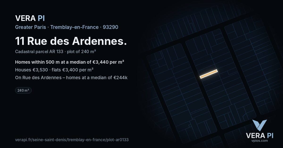 11 Rue des Ardennes, Tremblay-en-France at night – the plot lit, the parcels around coloured by the prices near them