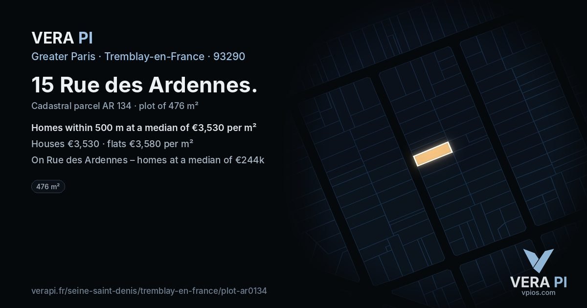 15 Rue des Ardennes, Tremblay-en-France at night – the plot lit, the parcels around coloured by the prices near them