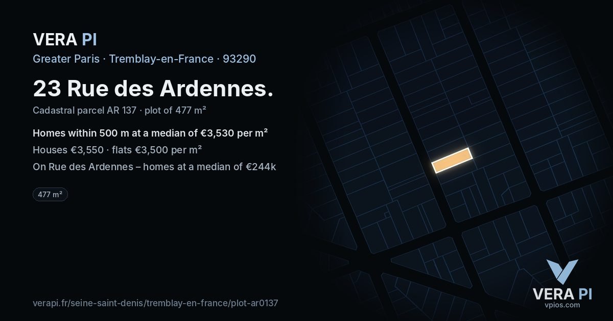 23 Rue des Ardennes, Tremblay-en-France at night – the plot lit, the parcels around coloured by the prices near them