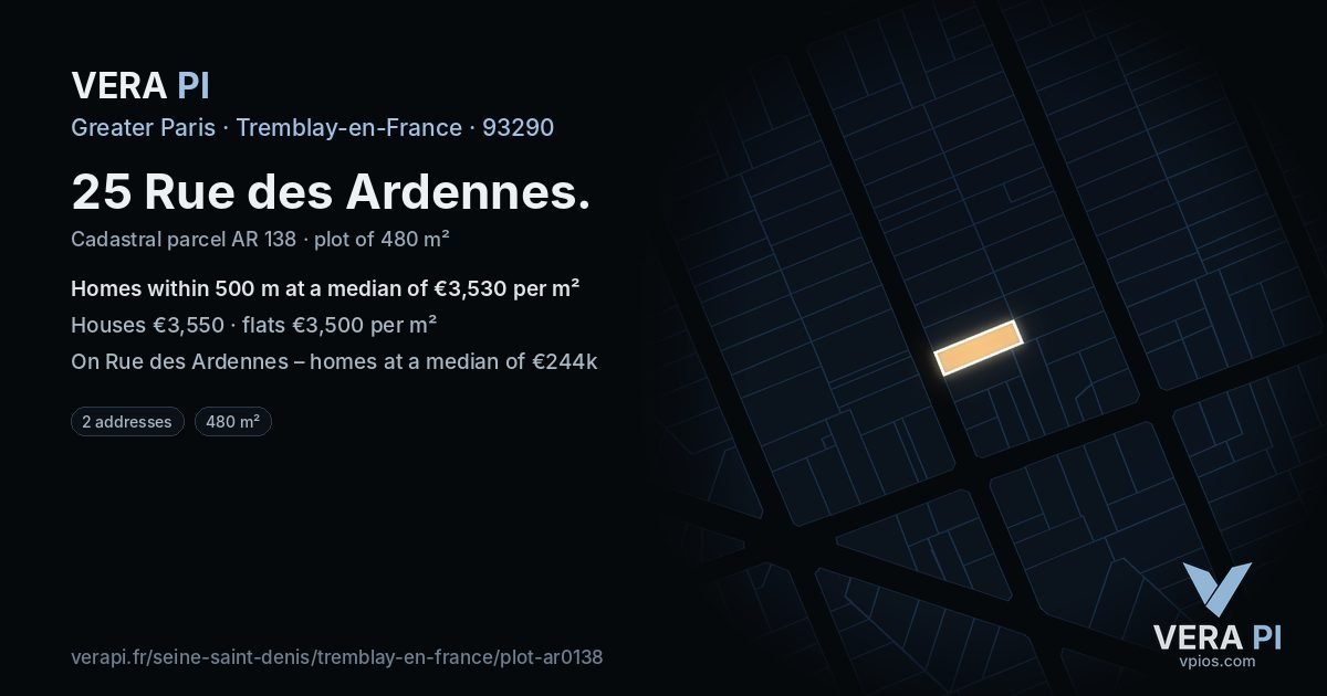 25 Rue des Ardennes, Tremblay-en-France at night – the plot lit, the parcels around coloured by the prices near them