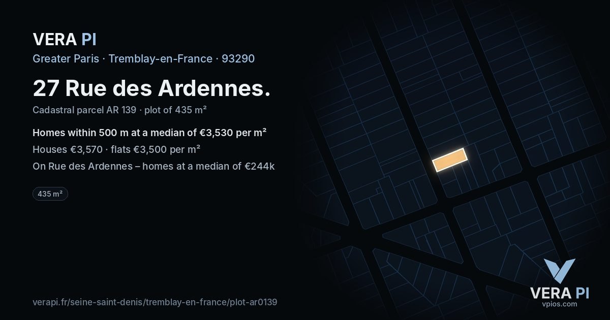 27 Rue des Ardennes, Tremblay-en-France at night – the plot lit, the parcels around coloured by the prices near them