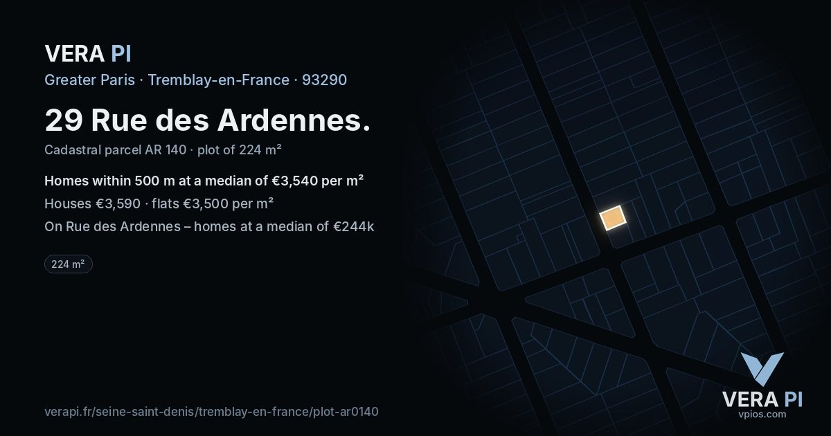 29 Rue des Ardennes, Tremblay-en-France at night – the plot lit, the parcels around coloured by the prices near them