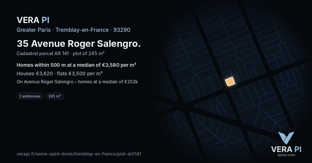 35 Avenue Roger Salengro, Tremblay-en-France at night – the plot lit, the parcels around coloured by the prices near them