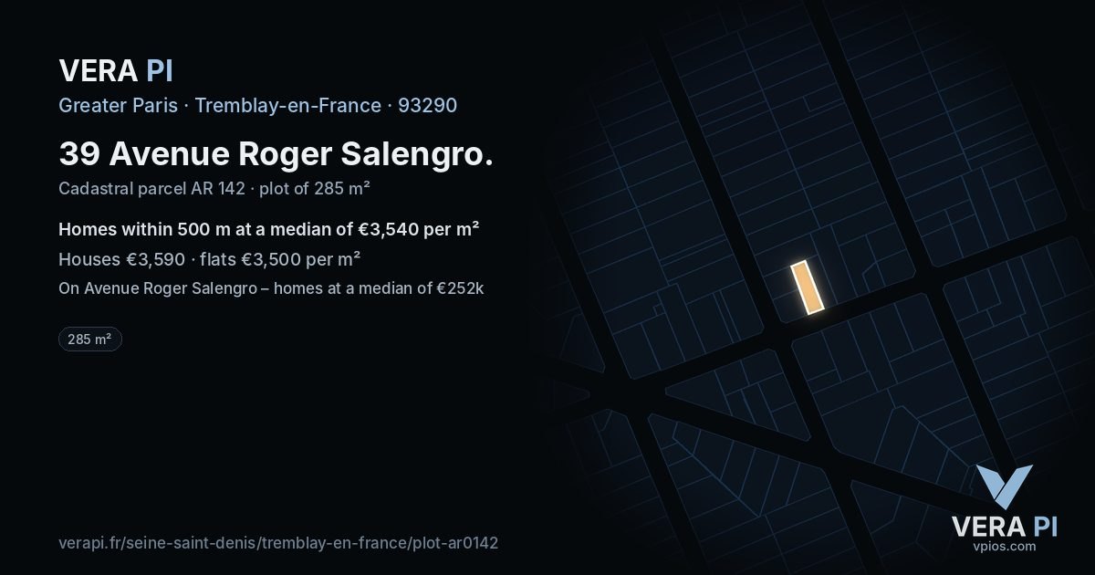 39 Avenue Roger Salengro, Tremblay-en-France at night – the plot lit, the parcels around coloured by the prices near them