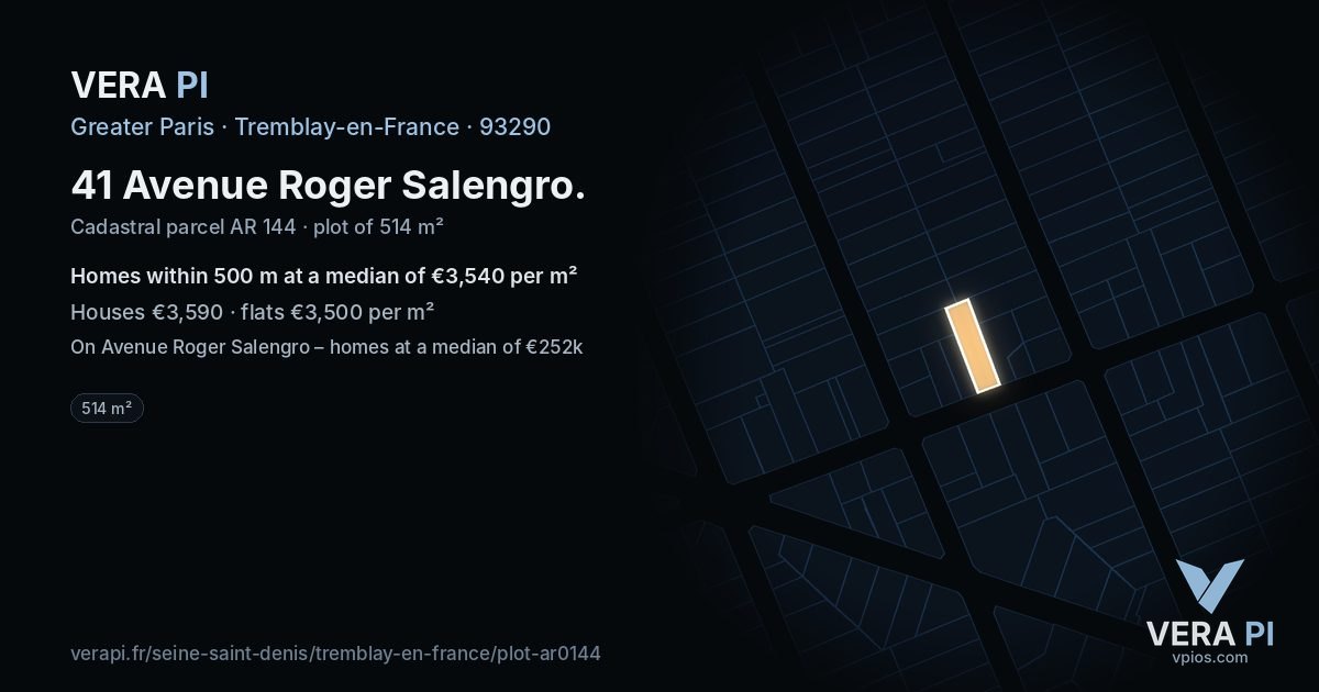 41 Avenue Roger Salengro, Tremblay-en-France at night – the plot lit, the parcels around coloured by the prices near them