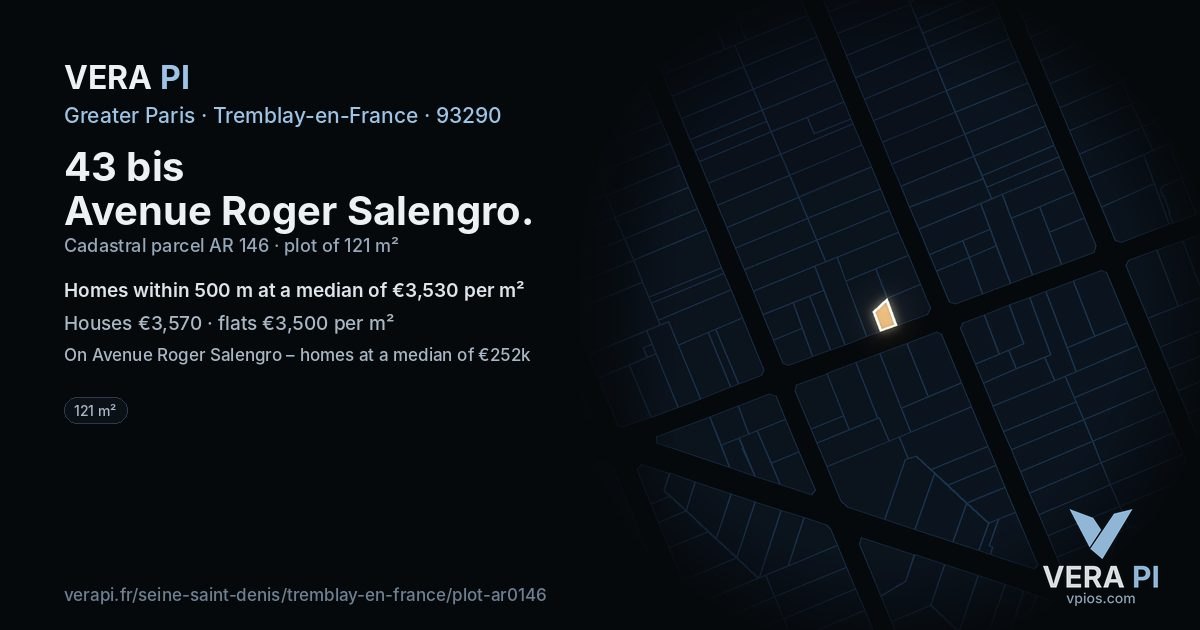 43 bis Avenue Roger Salengro, Tremblay-en-France at night – the plot lit, the parcels around coloured by the prices near them