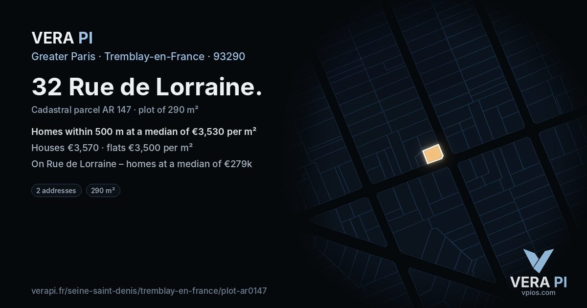 32 Rue de Lorraine, Tremblay-en-France at night – the plot lit, the parcels around coloured by the prices near them