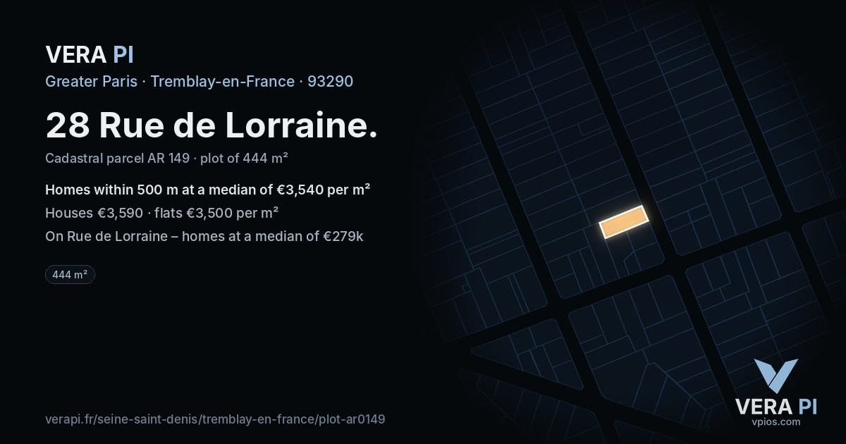 28 Rue de Lorraine, Tremblay-en-France at night – the plot lit, the parcels around coloured by the prices near them