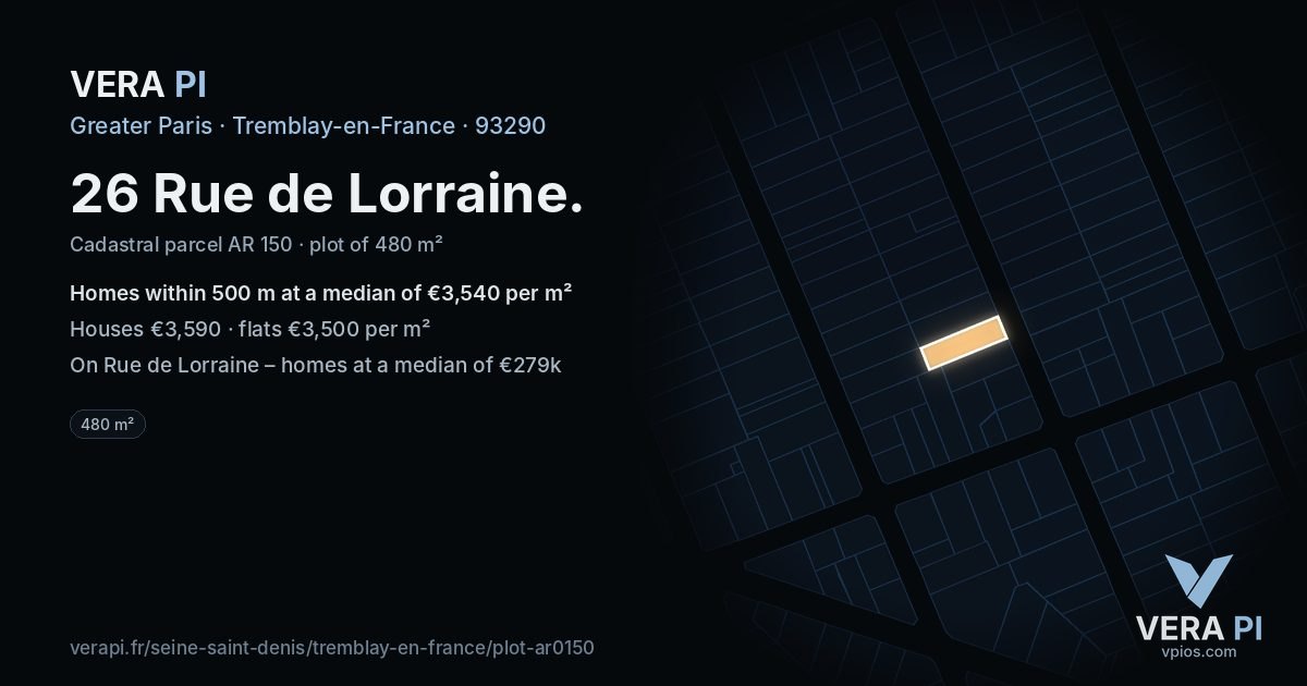 26 Rue de Lorraine, Tremblay-en-France at night – the plot lit, the parcels around coloured by the prices near them