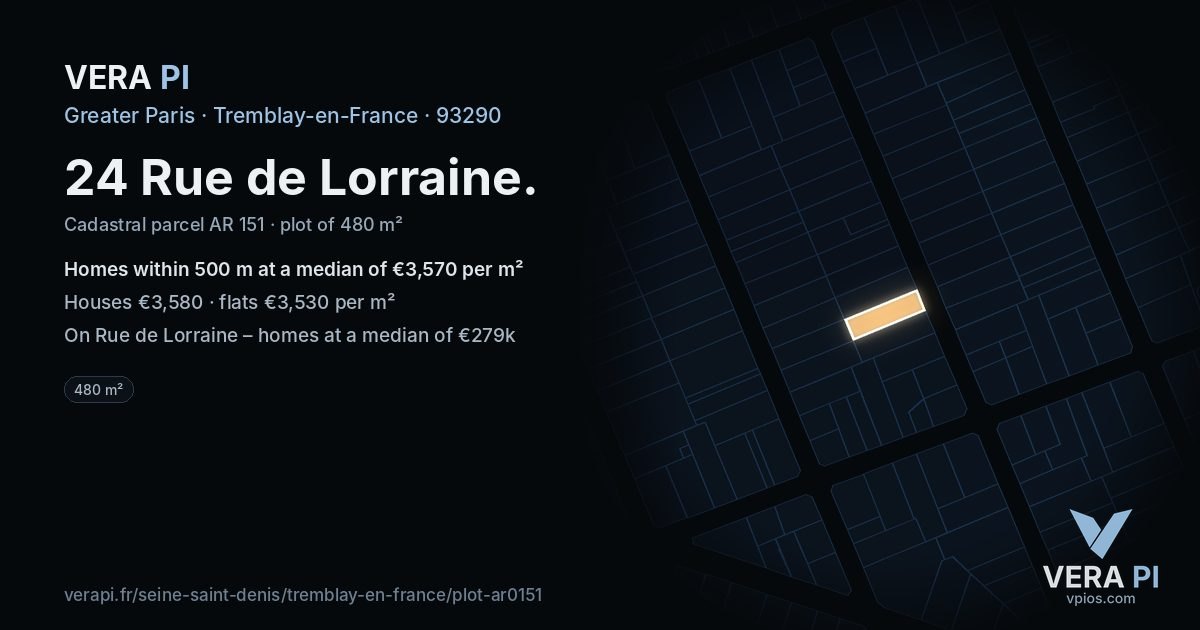 24 Rue de Lorraine, Tremblay-en-France at night – the plot lit, the parcels around coloured by the prices near them