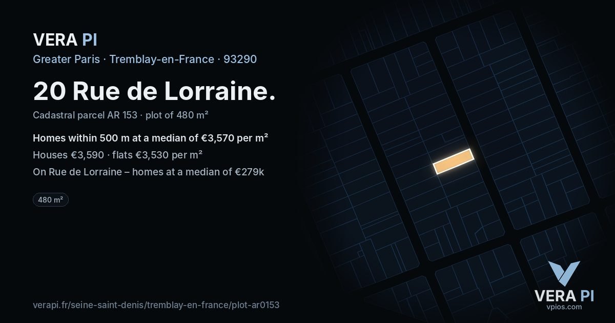 20 Rue de Lorraine, Tremblay-en-France at night – the plot lit, the parcels around coloured by the prices near them