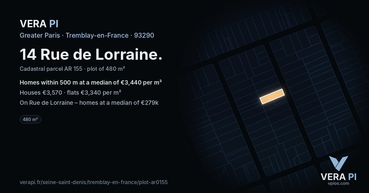 14 Rue de Lorraine, Tremblay-en-France at night – the plot lit, the parcels around coloured by the prices near them