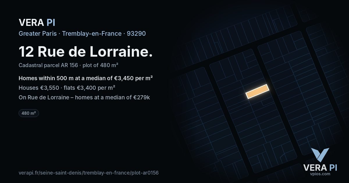 12 Rue de Lorraine, Tremblay-en-France at night – the plot lit, the parcels around coloured by the prices near them