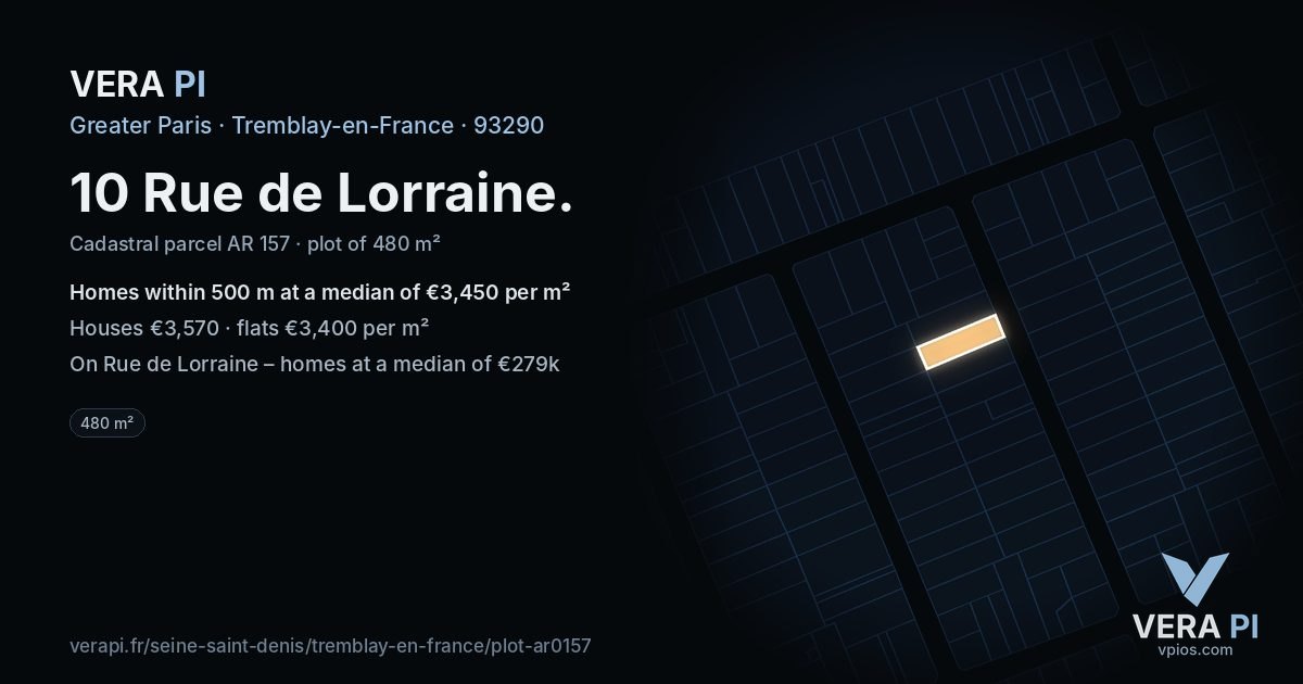 10 Rue de Lorraine, Tremblay-en-France at night – the plot lit, the parcels around coloured by the prices near them