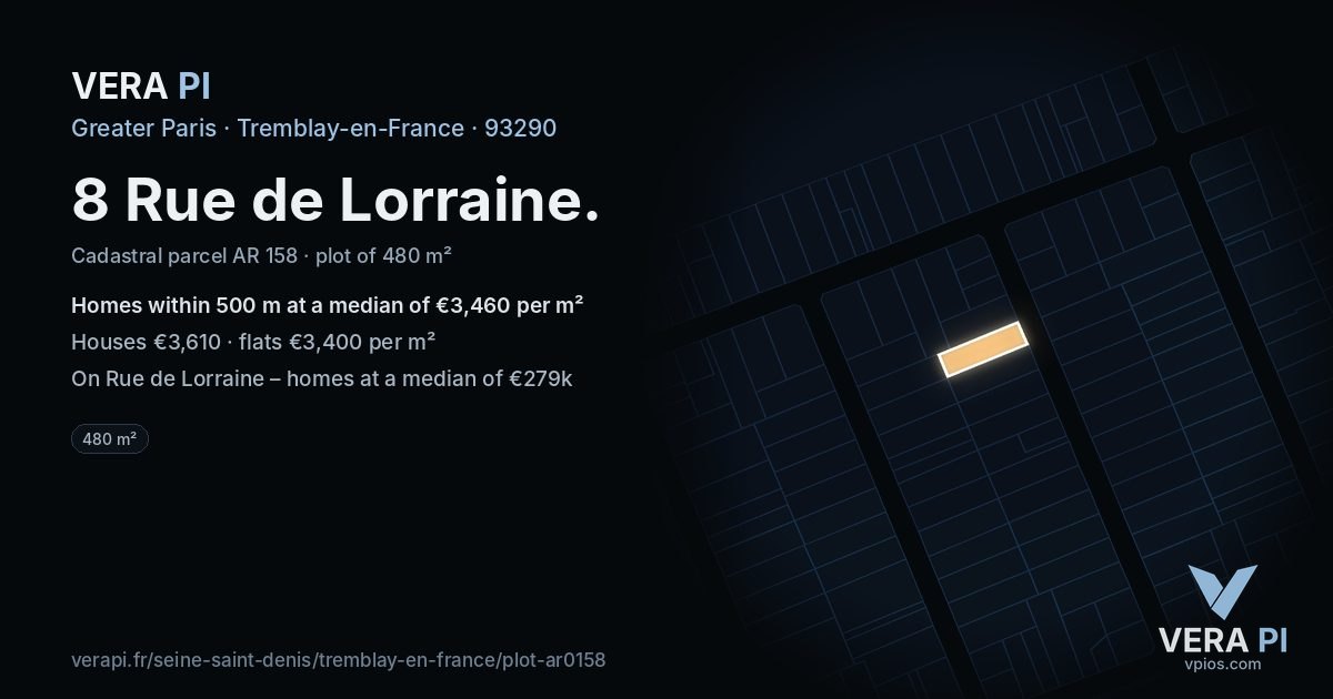 8 Rue de Lorraine, Tremblay-en-France at night – the plot lit, the parcels around coloured by the prices near them