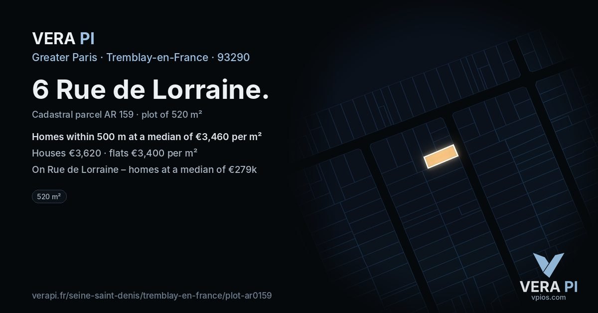 6 Rue de Lorraine, Tremblay-en-France at night – the plot lit, the parcels around coloured by the prices near them