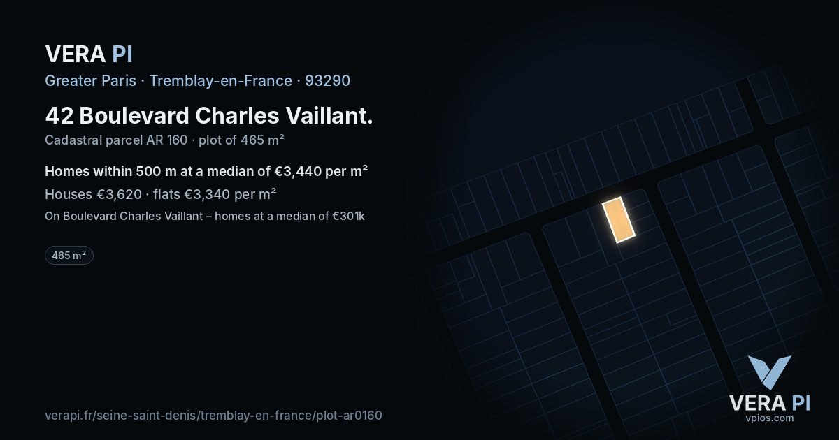 42 Boulevard Charles Vaillant, Tremblay-en-France at night – the plot lit, the parcels around coloured by the prices near them