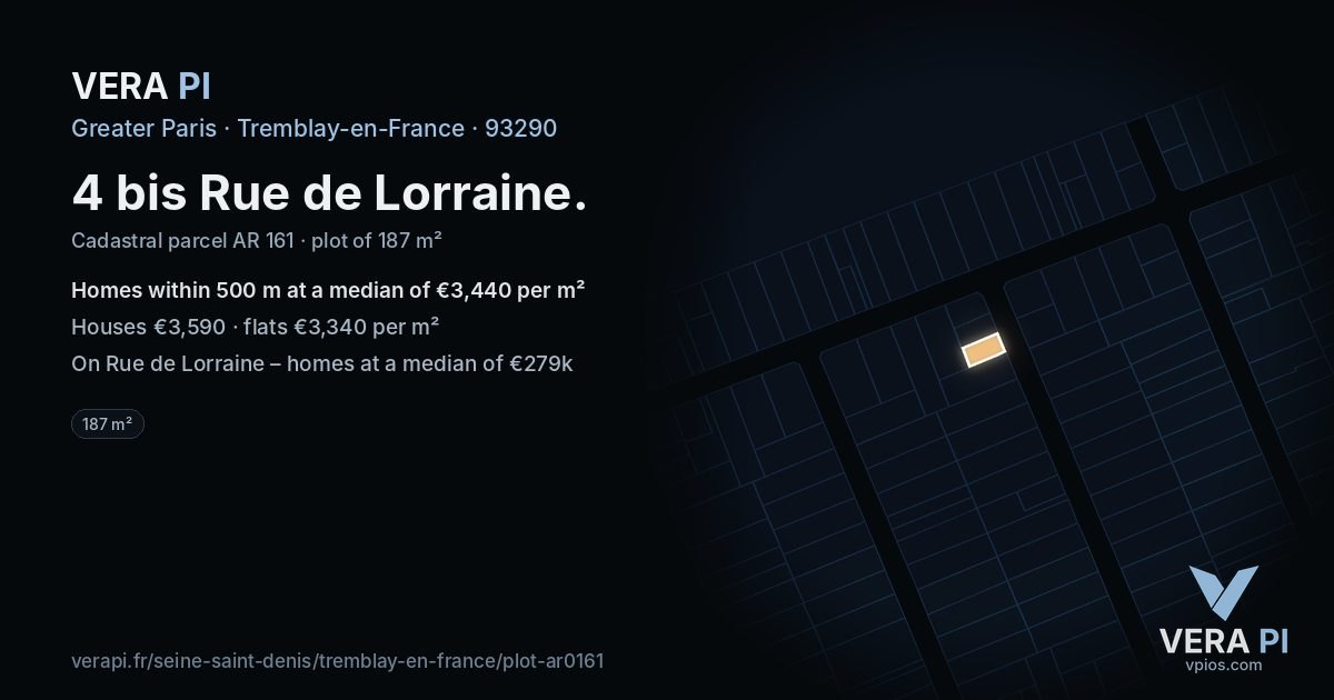 4 bis Rue de Lorraine, Tremblay-en-France at night – the plot lit, the parcels around coloured by the prices near them