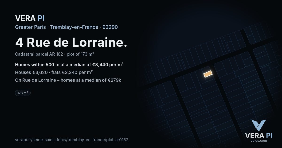 4 Rue de Lorraine, Tremblay-en-France at night – the plot lit, the parcels around coloured by the prices near them