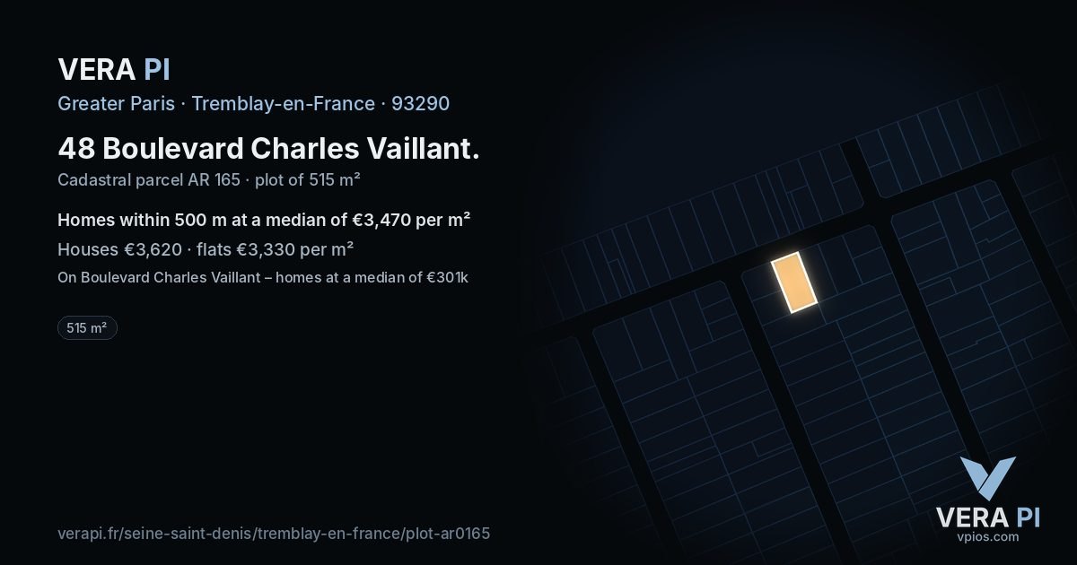 48 Boulevard Charles Vaillant, Tremblay-en-France at night – the plot lit, the parcels around coloured by the prices near them