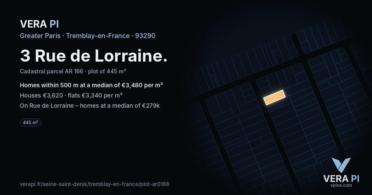 3 Rue de Lorraine, Tremblay-en-France at night – the plot lit, the parcels around coloured by the prices near them