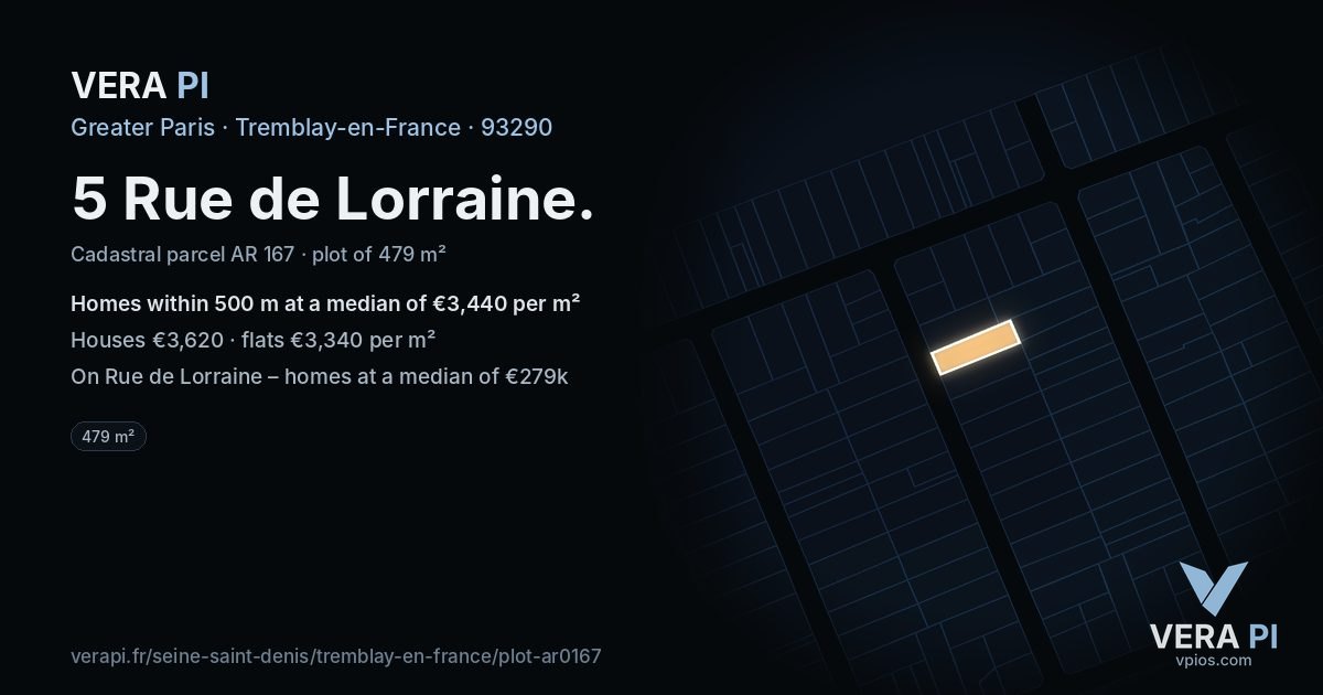 5 Rue de Lorraine, Tremblay-en-France at night – the plot lit, the parcels around coloured by the prices near them
