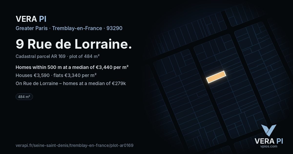 9 Rue de Lorraine, Tremblay-en-France at night – the plot lit, the parcels around coloured by the prices near them