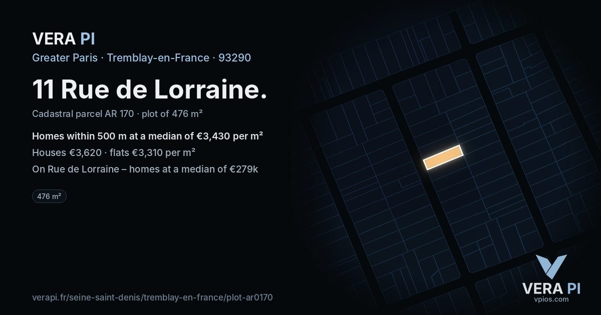 11 Rue de Lorraine, Tremblay-en-France at night – the plot lit, the parcels around coloured by the prices near them