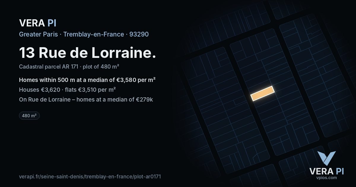 13 Rue de Lorraine, Tremblay-en-France at night – the plot lit, the parcels around coloured by the prices near them