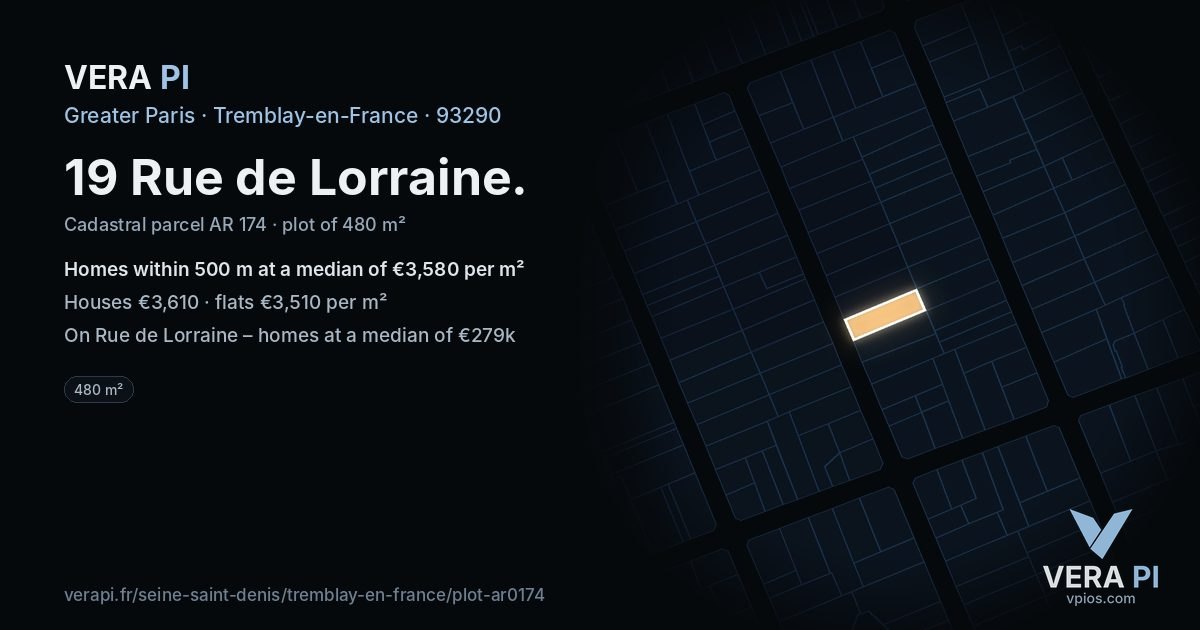 19 Rue de Lorraine, Tremblay-en-France at night – the plot lit, the parcels around coloured by the prices near them