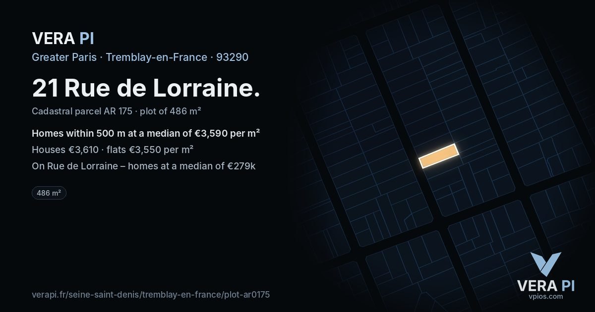 21 Rue de Lorraine, Tremblay-en-France at night – the plot lit, the parcels around coloured by the prices near them