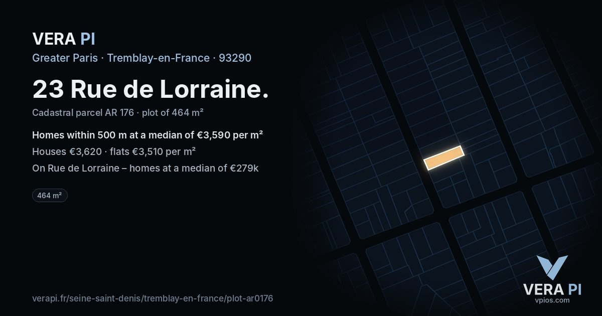 23 Rue de Lorraine, Tremblay-en-France at night – the plot lit, the parcels around coloured by the prices near them