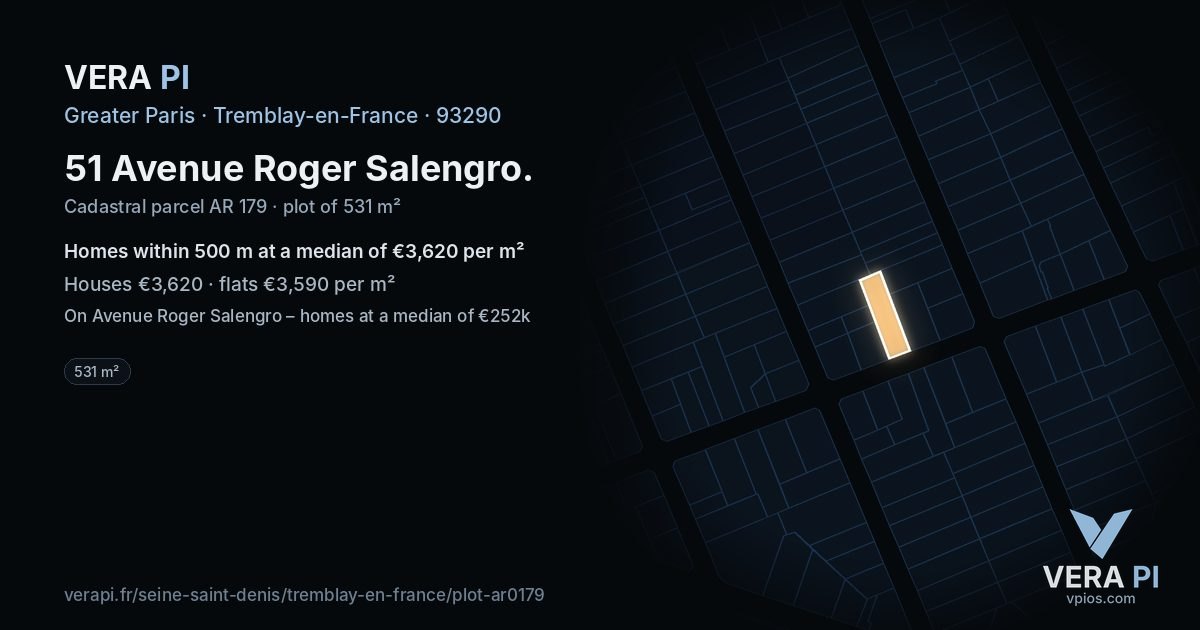51 Avenue Roger Salengro, Tremblay-en-France at night – the plot lit, the parcels around coloured by the prices near them