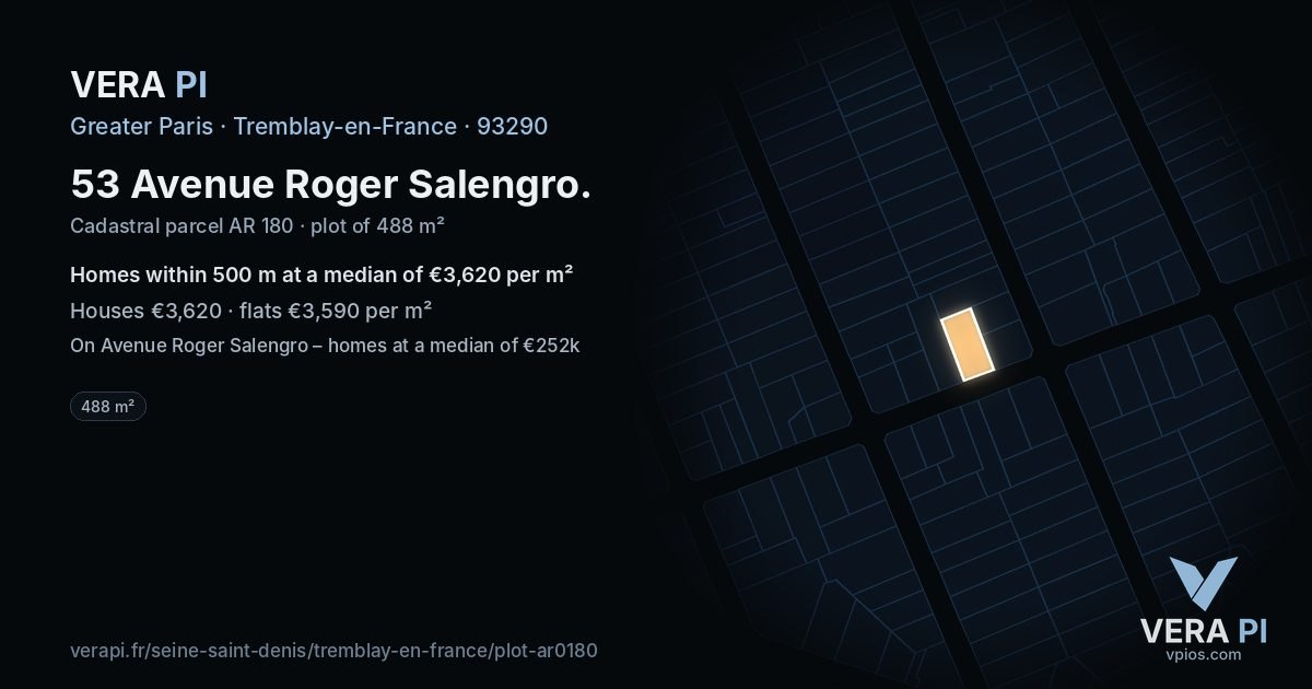 53 Avenue Roger Salengro, Tremblay-en-France at night – the plot lit, the parcels around coloured by the prices near them