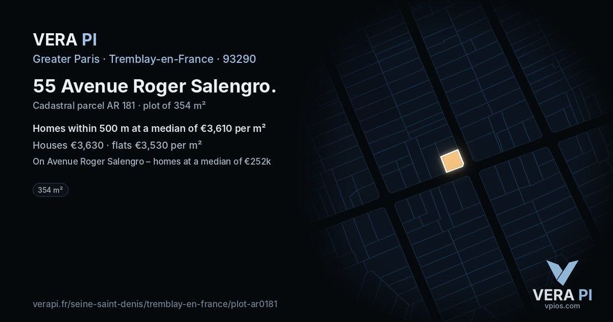 55 Avenue Roger Salengro, Tremblay-en-France at night – the plot lit, the parcels around coloured by the prices near them