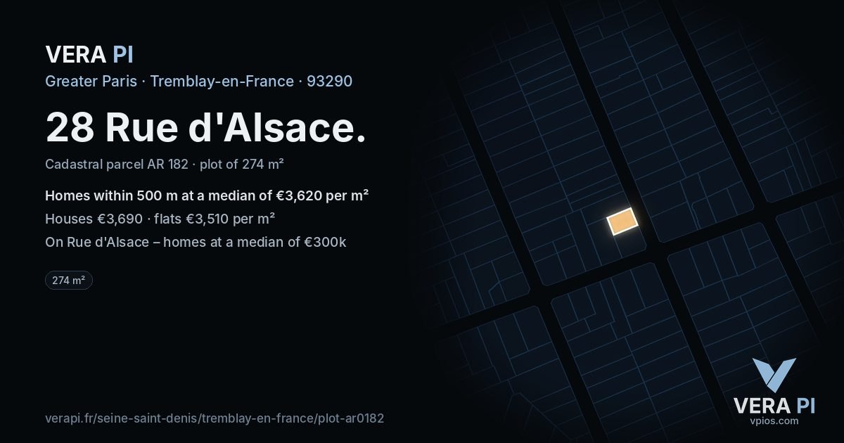 28 Rue d'Alsace, Tremblay-en-France at night – the plot lit, the parcels around coloured by the prices near them