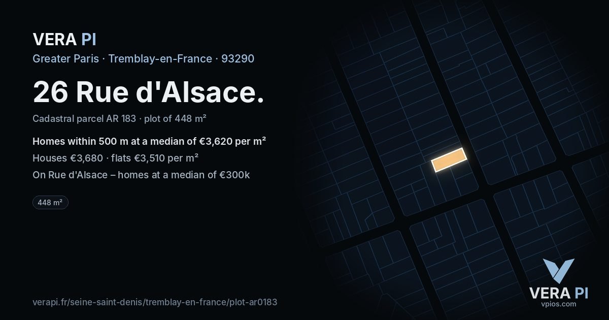 26 Rue d'Alsace, Tremblay-en-France at night – the plot lit, the parcels around coloured by the prices near them