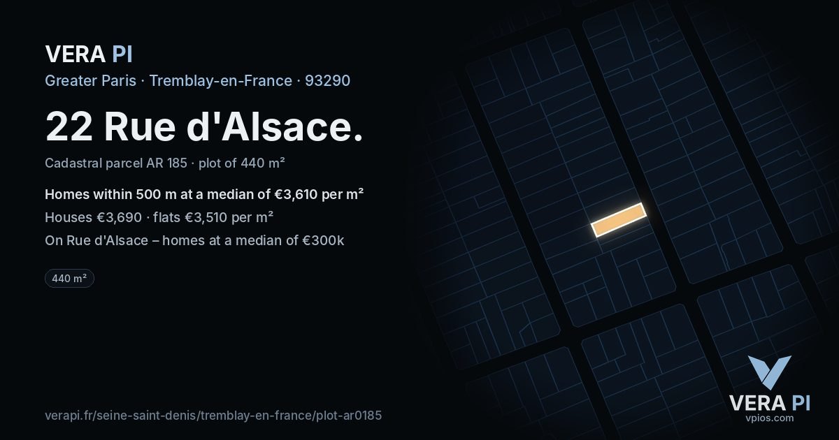 22 Rue d'Alsace, Tremblay-en-France at night – the plot lit, the parcels around coloured by the prices near them
