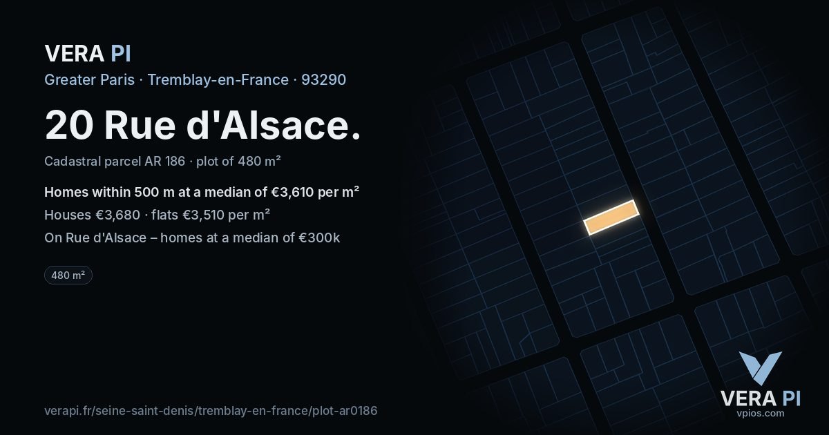 20 Rue d'Alsace, Tremblay-en-France at night – the plot lit, the parcels around coloured by the prices near them