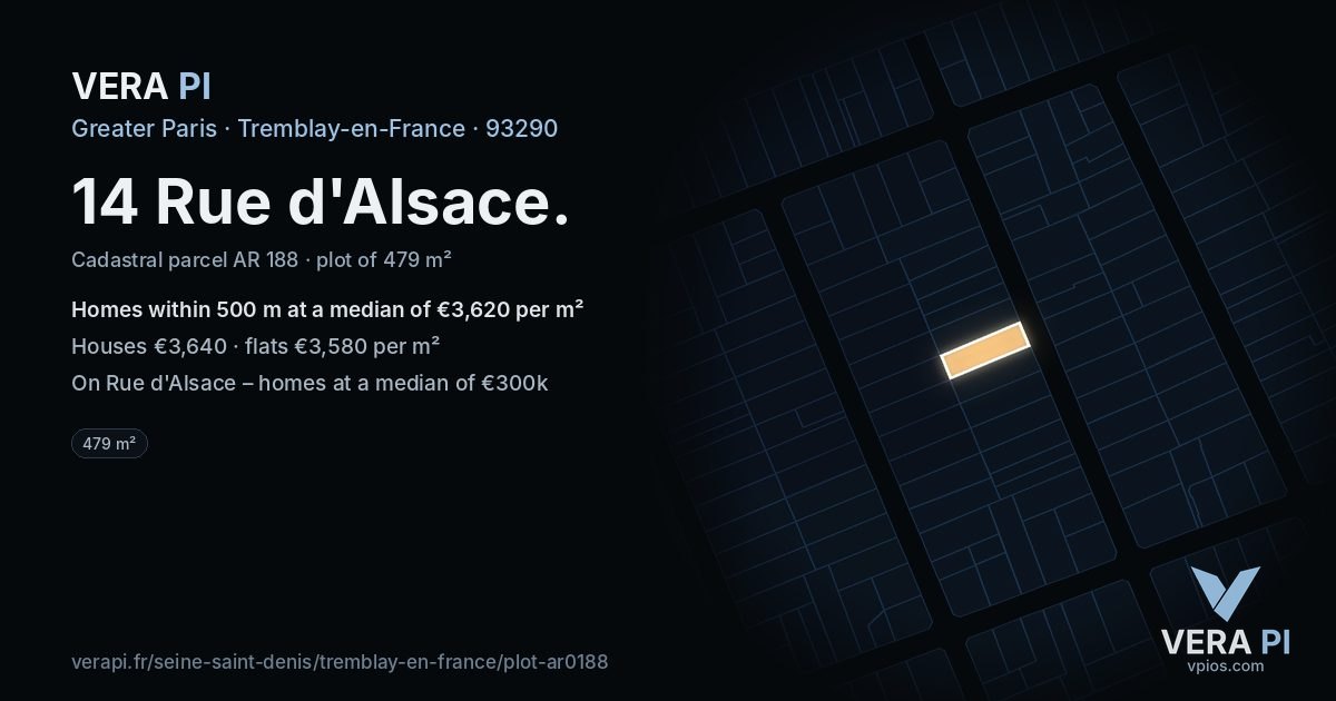 14 Rue d'Alsace, Tremblay-en-France at night – the plot lit, the parcels around coloured by the prices near them