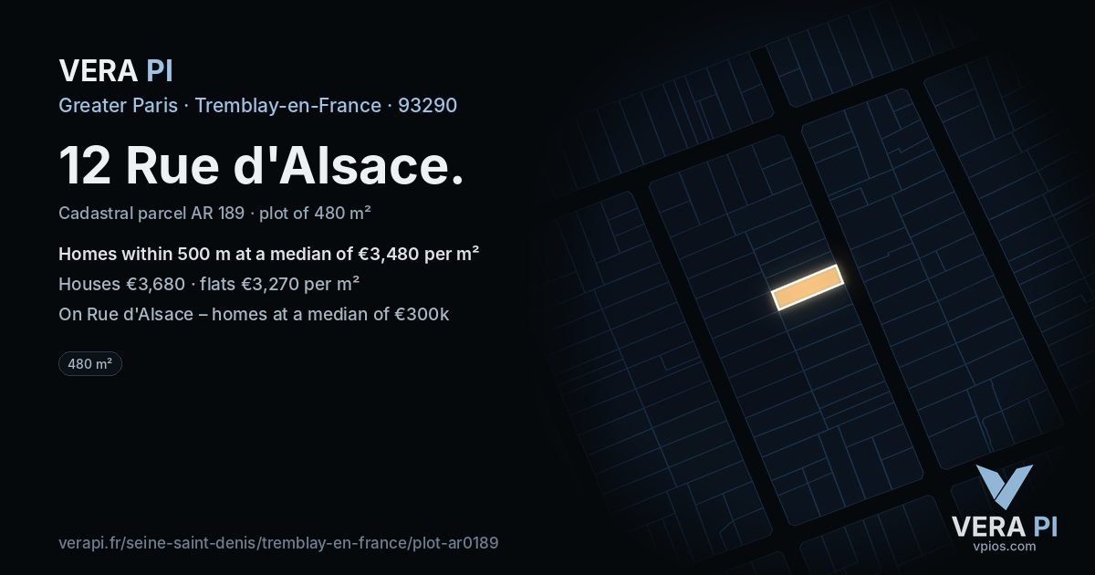 12 Rue d'Alsace, Tremblay-en-France at night – the plot lit, the parcels around coloured by the prices near them