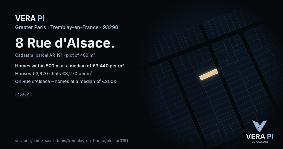 8 Rue d'Alsace, Tremblay-en-France at night – the plot lit, the parcels around coloured by the prices near them