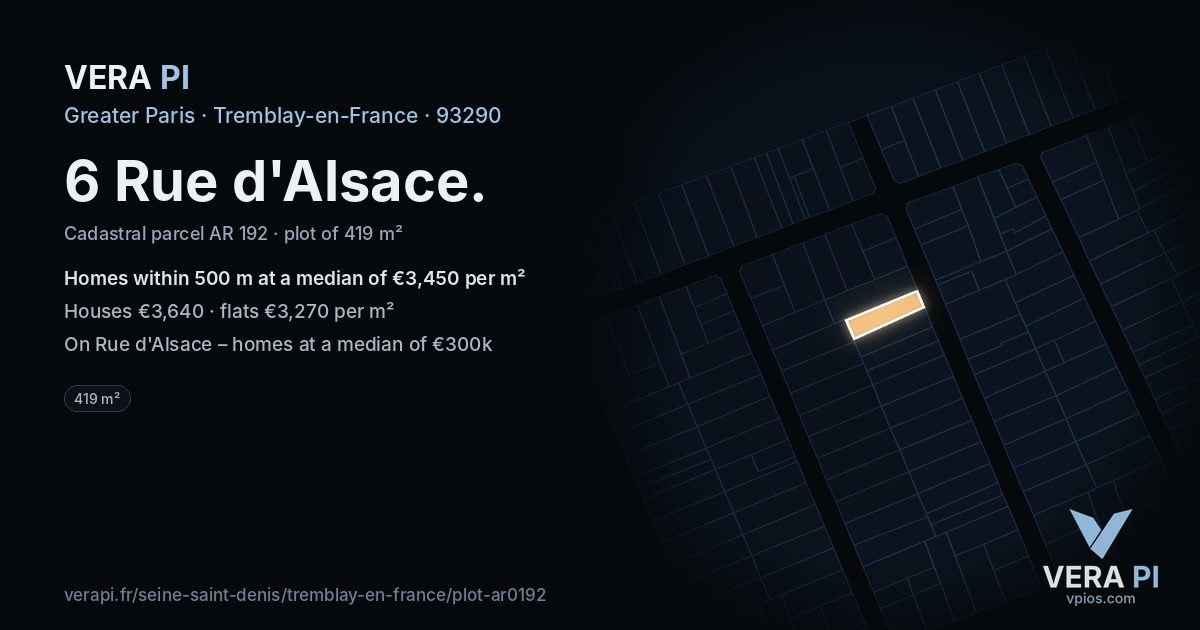 6 Rue d'Alsace, Tremblay-en-France at night – the plot lit, the parcels around coloured by the prices near them