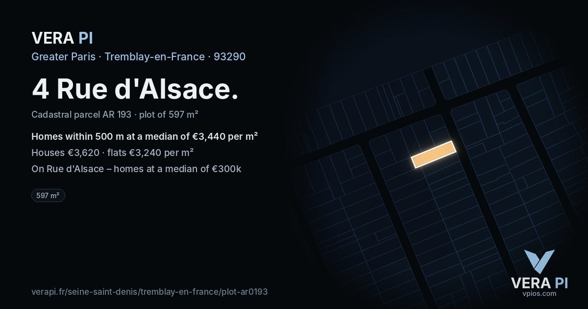 4 Rue d'Alsace, Tremblay-en-France at night – the plot lit, the parcels around coloured by the prices near them