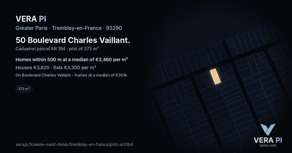50 Boulevard Charles Vaillant, Tremblay-en-France at night – the plot lit, the parcels around coloured by the prices near them