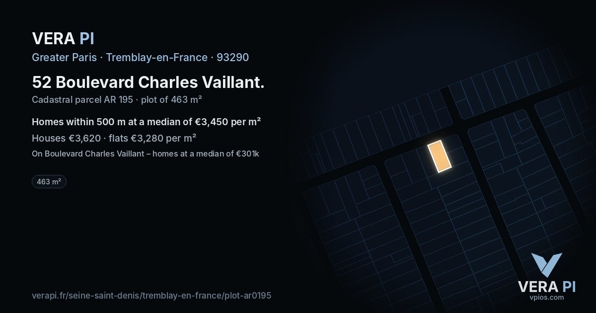 52 Boulevard Charles Vaillant, Tremblay-en-France at night – the plot lit, the parcels around coloured by the prices near them